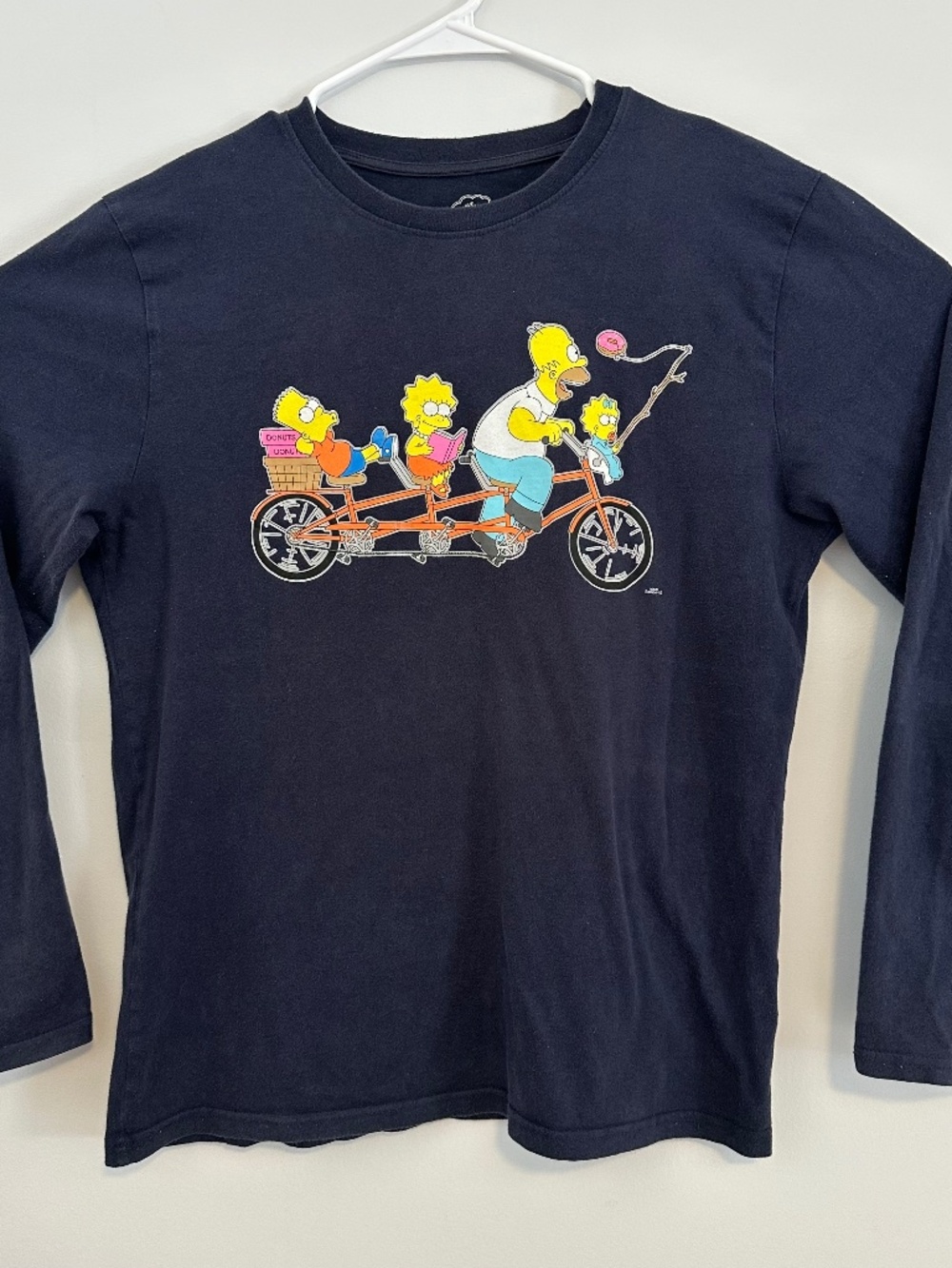 The Simpsons Bicycle Cartoon Graphic Print T-Shirt Medium Blue Y2K Long Sleeve